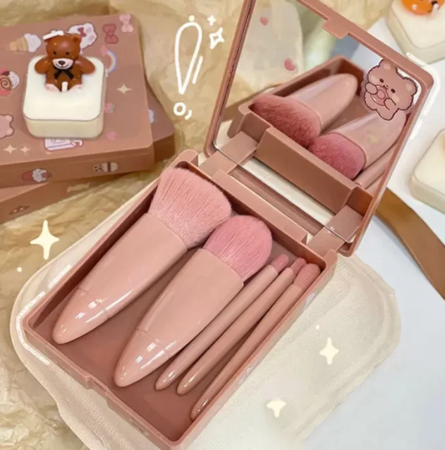 Weekend Savings Bonanza Portable 5pcs Fiber Soft Bristle Makeup Brushes Set with Mirror Mini Foundation Loose Powder Smudge Eyeshadow Lip brush